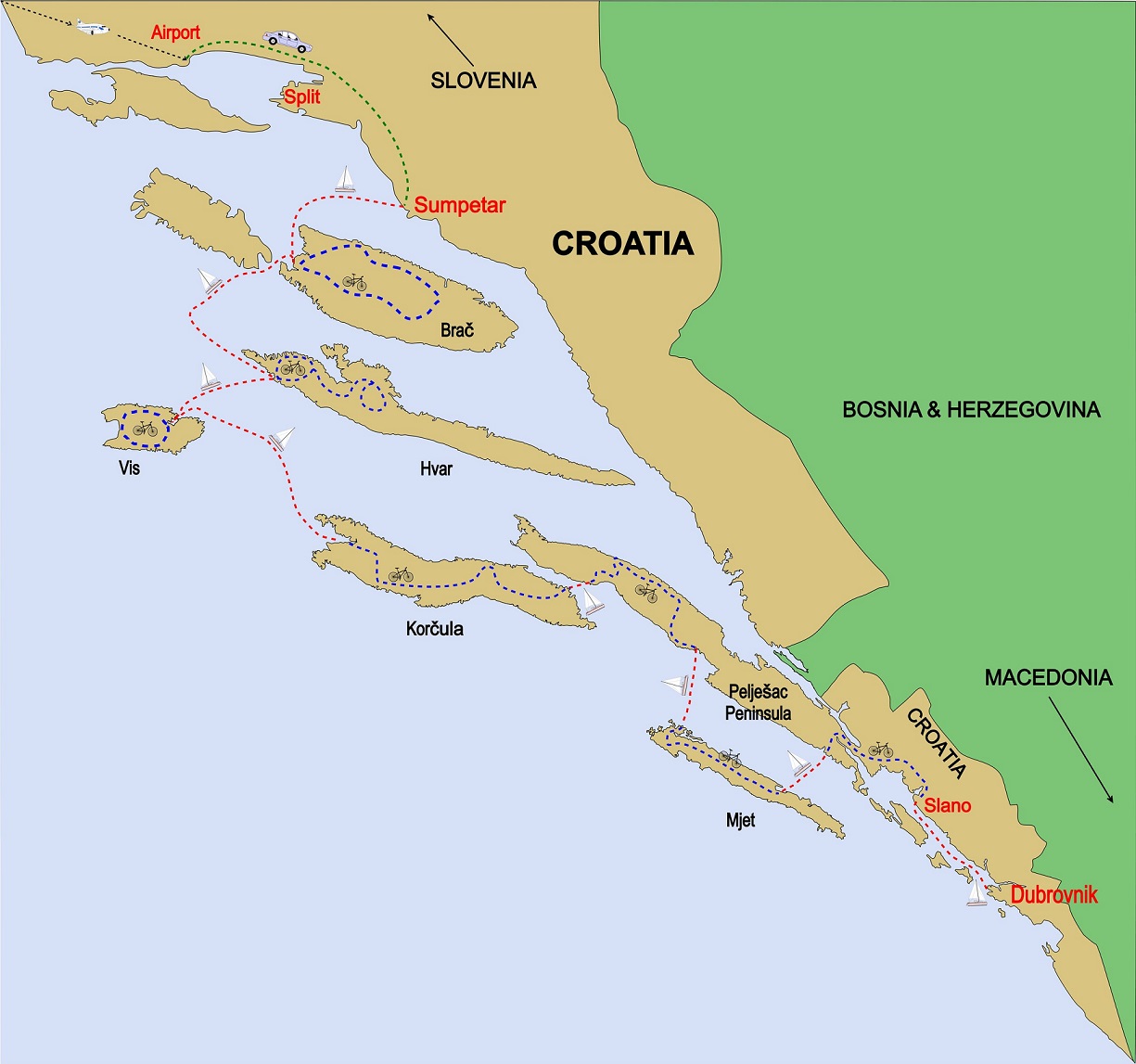 Croatia Cycle / Sail Tour Route Map